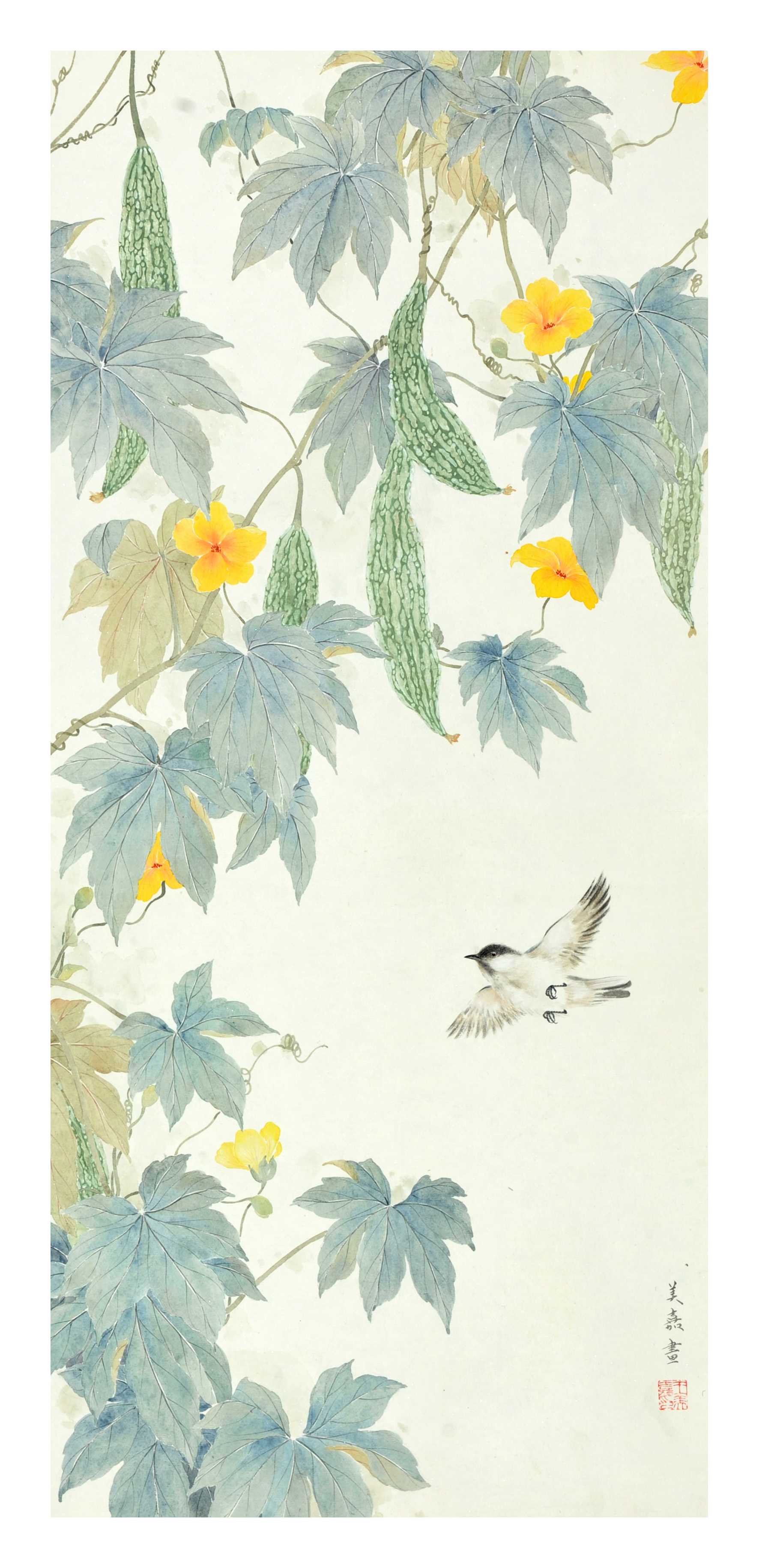凉瓜小鸟_纸本设色_国画_宝甄网