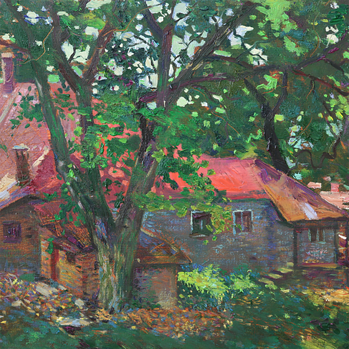 绿荫下的红屋顶_布面油画_油画_宝甄网